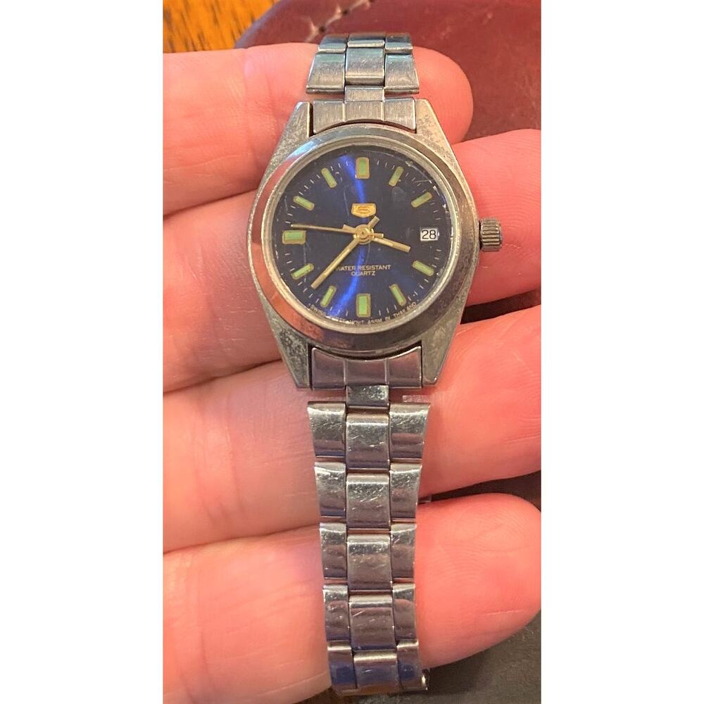 Women's 28mm Silver Tone "5" Watch, Dark Blue Face